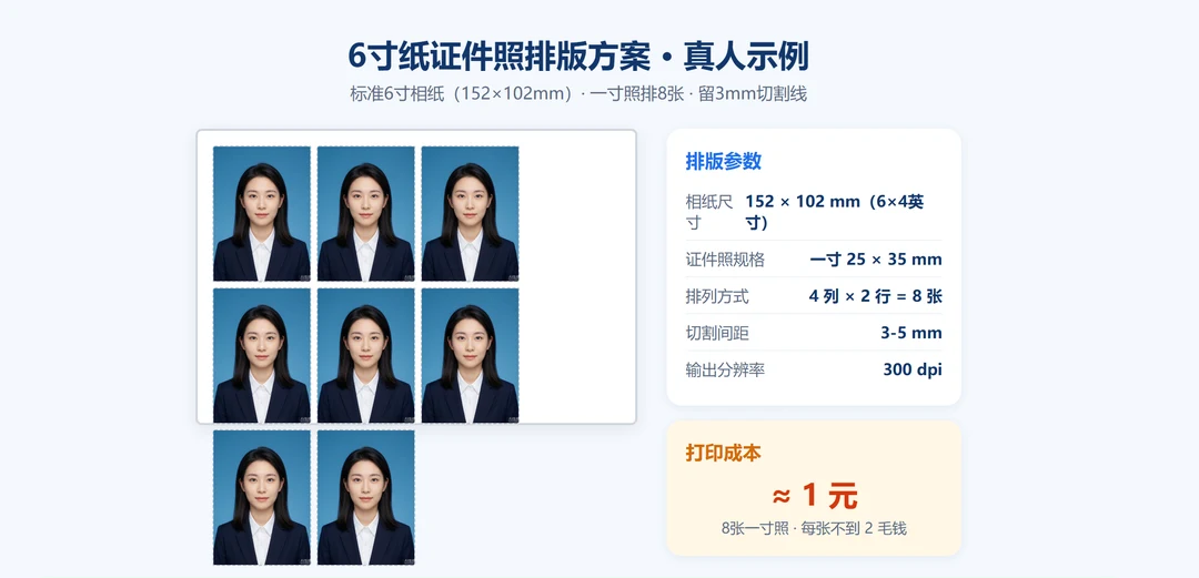 6寸相纸证件照排版方案示意图：左为一寸8张排版、右为二寸4张排版，标准6寸纸152×102mm