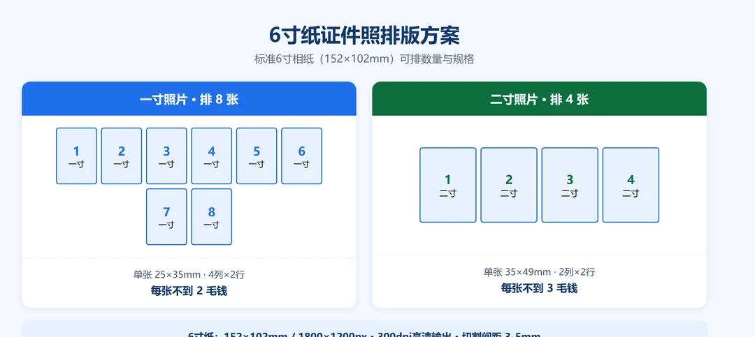 6寸相纸证件照排版方案示意图:左为一寸8张排版、右为二寸4张排版,标准6寸纸152×102mm