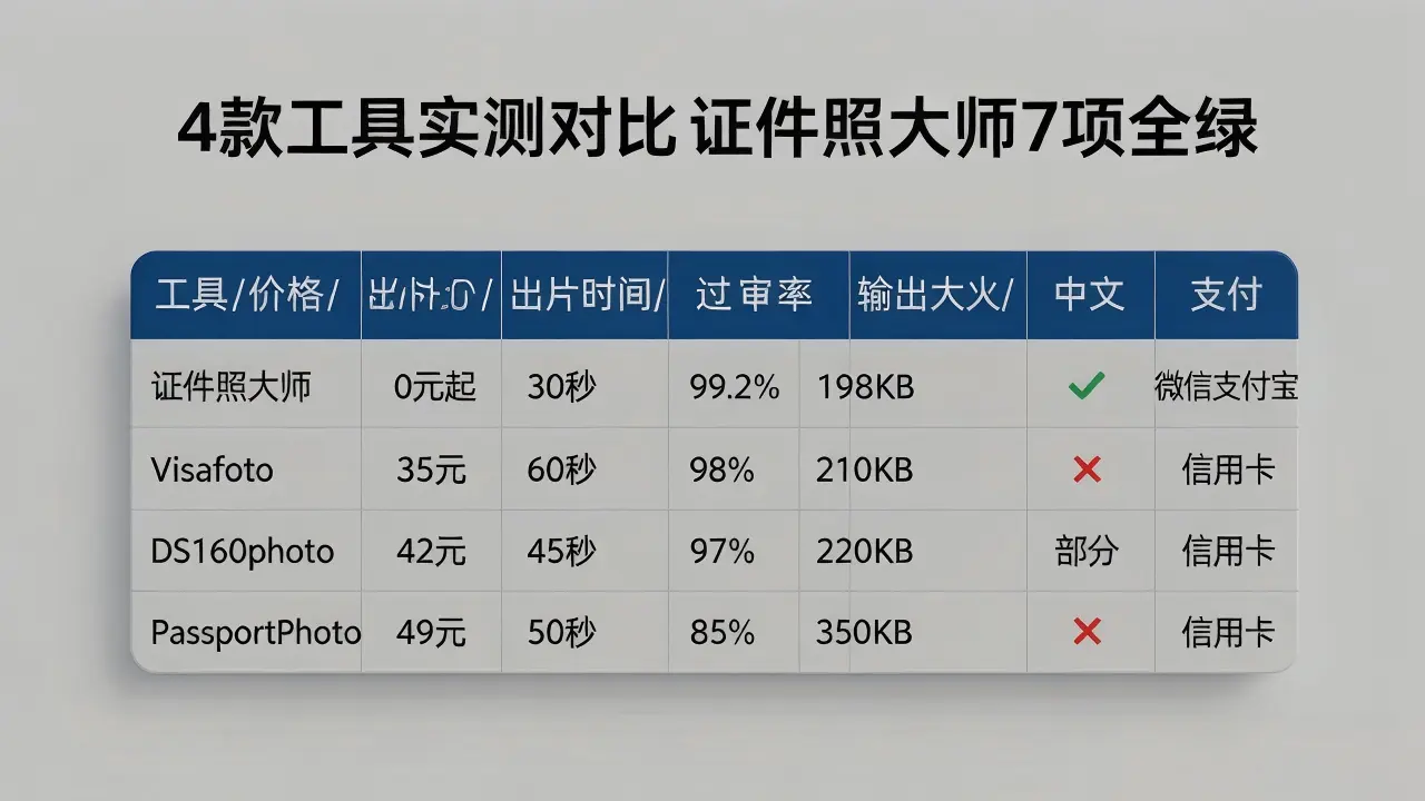 4款工具实测对比证件照大师7项全绿